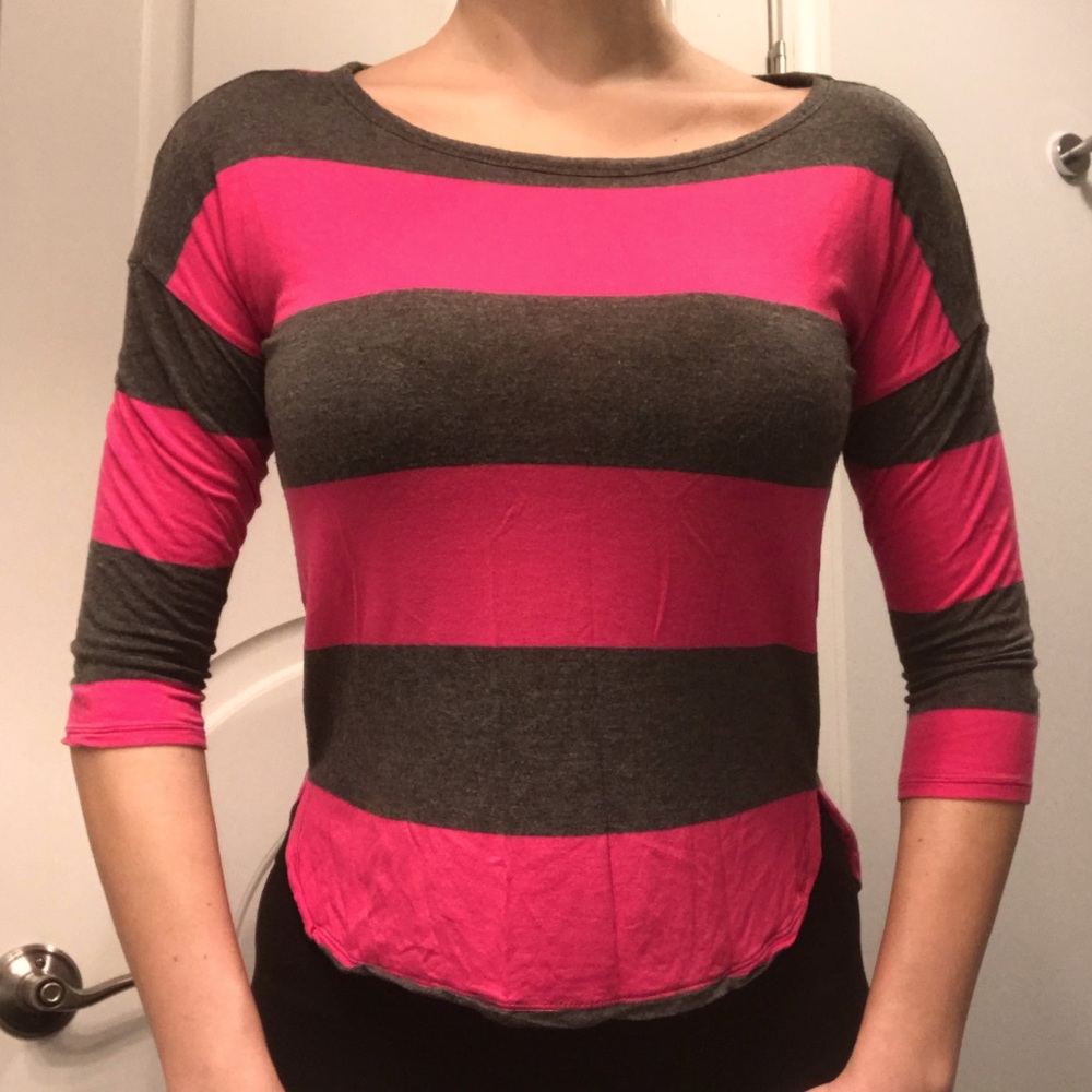 rue21 Pink and Grey Striped Half-Sleeve Top, Sz. S